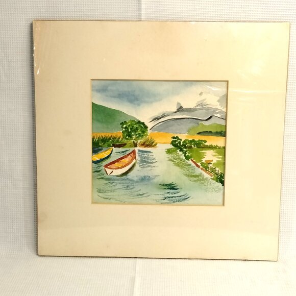 Lakeside Watercolor Primitive Artwork Unframed 13 x 13 - Picture 2 of 5
